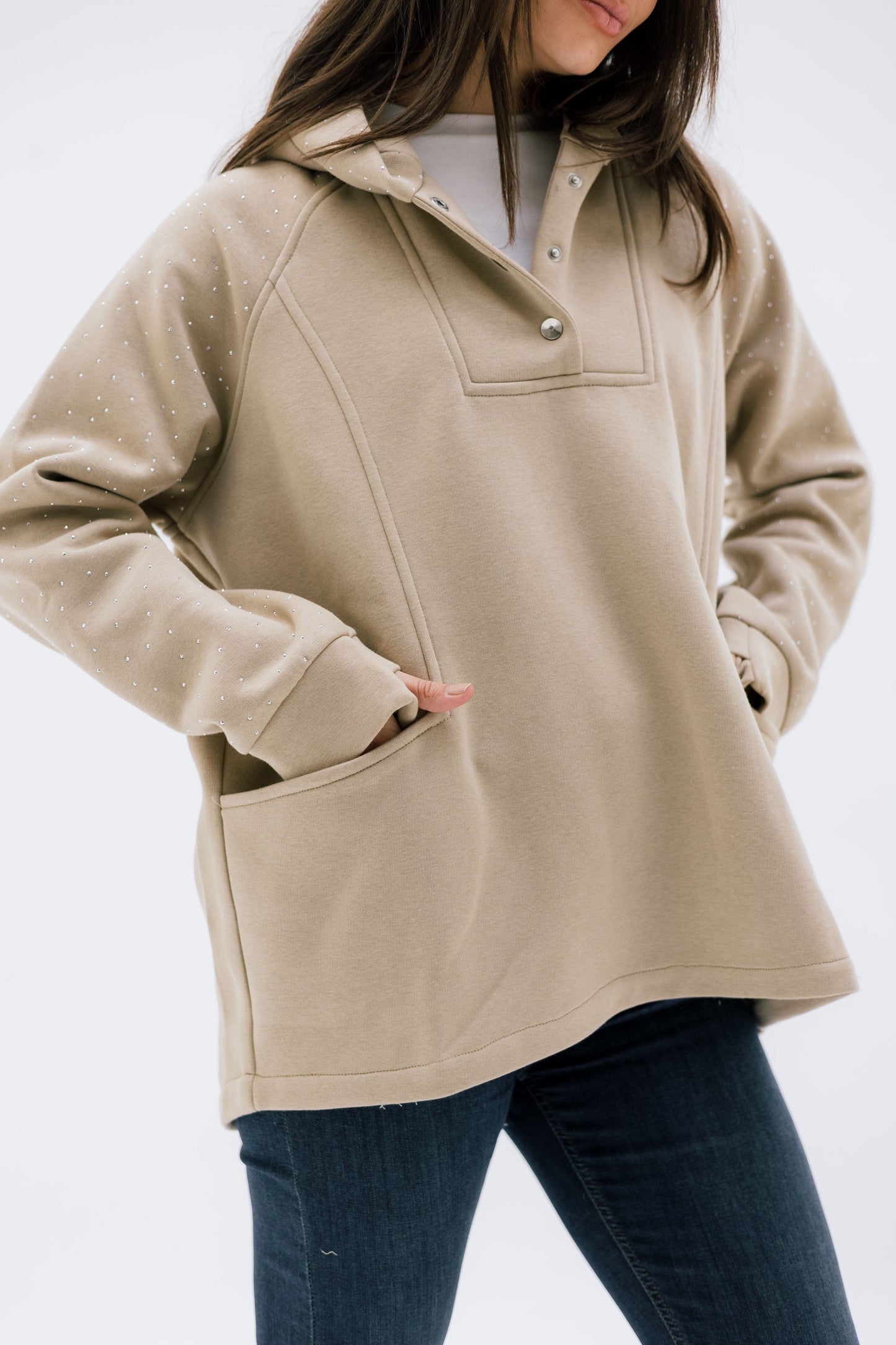 Rhinestone Whisper Hoodie - beige