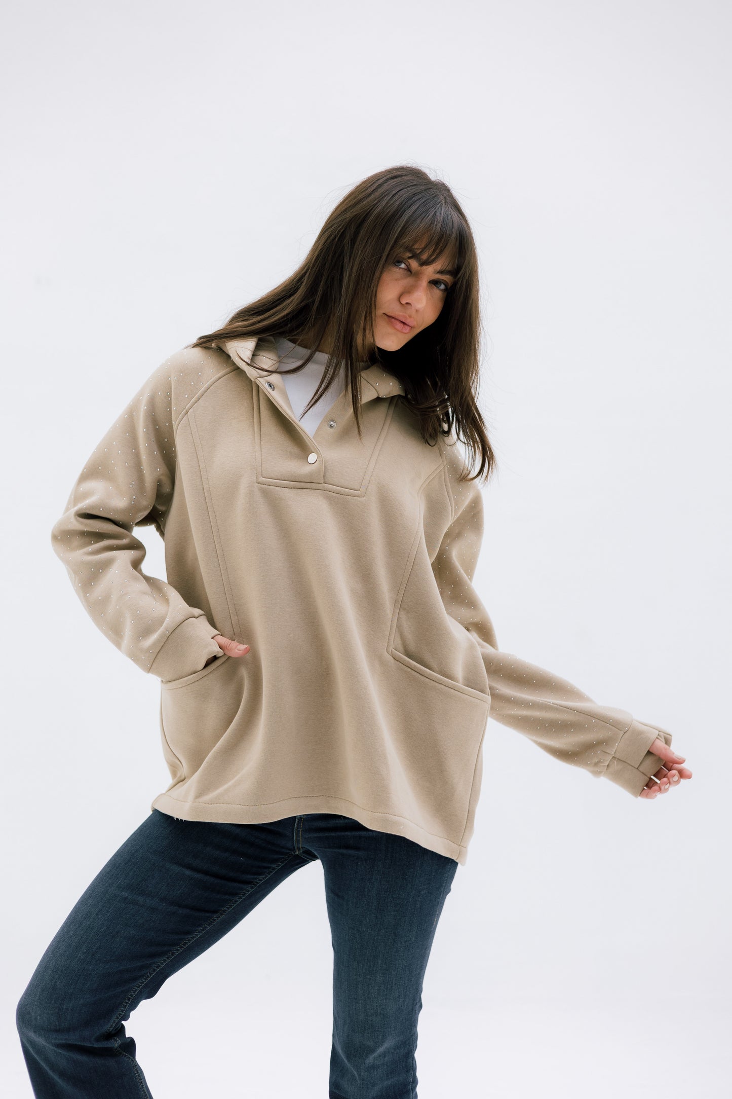 Rhinestone Whisper Hoodie - beige