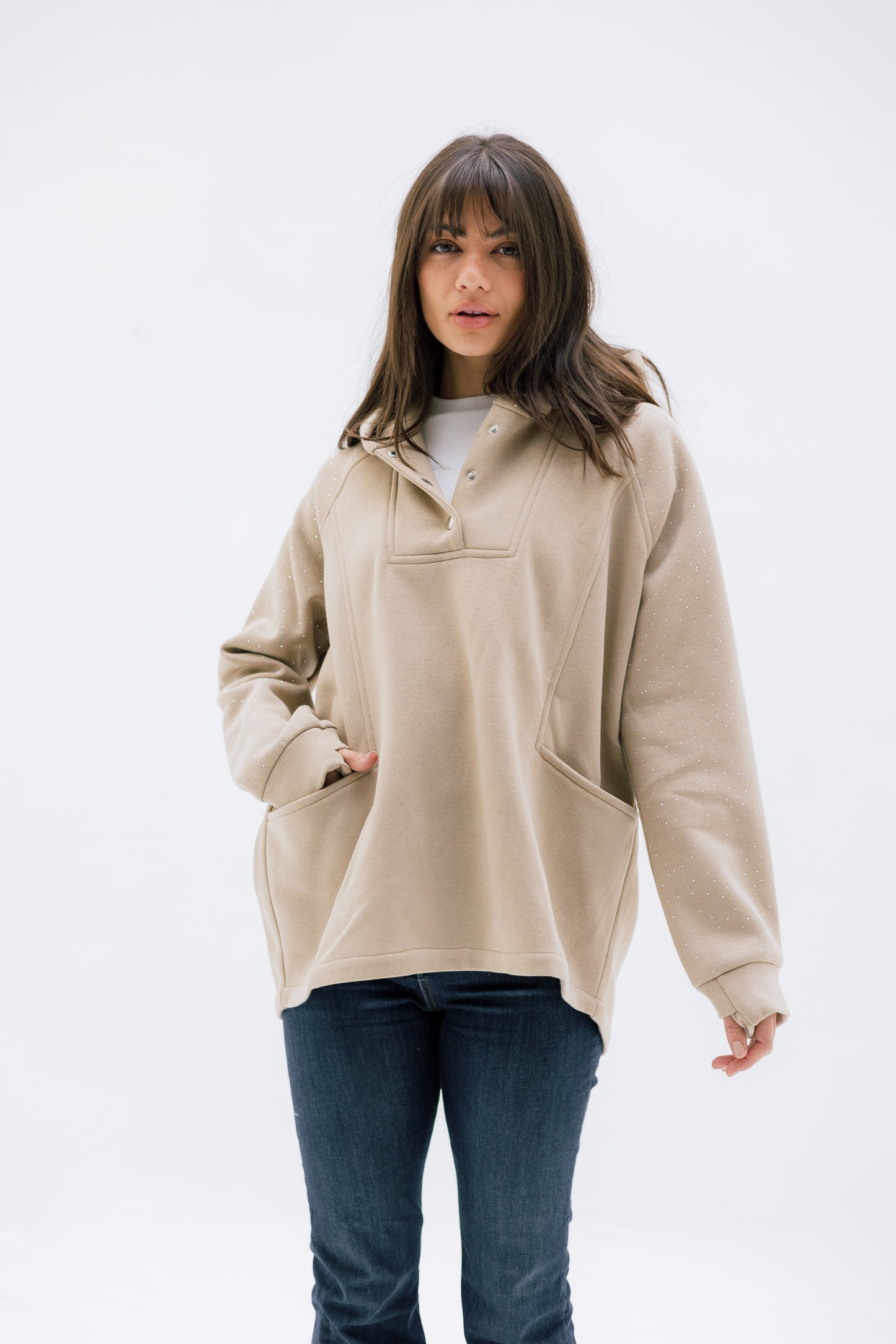 Rhinestone Whisper Hoodie - beige