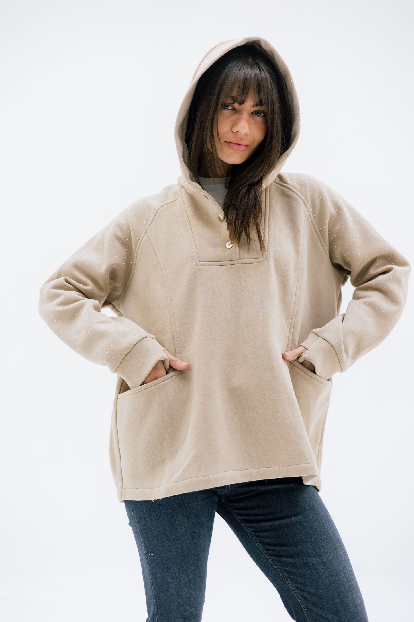 Rhinestone Whisper Hoodie - beige