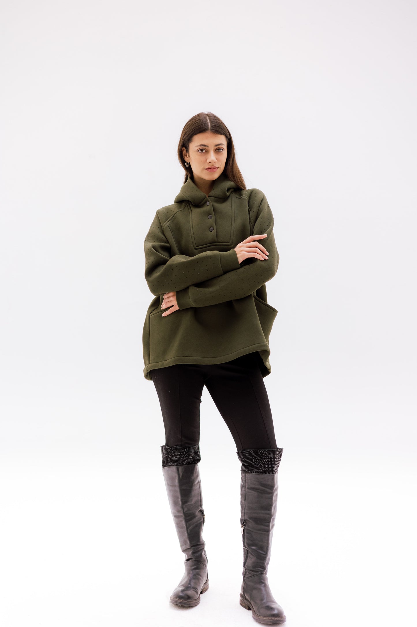 Rhinestone Whisper Hoodie - olive