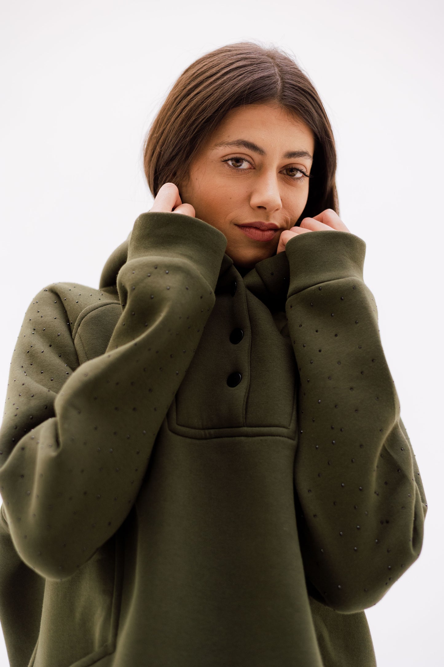 Rhinestone Whisper Hoodie - olive