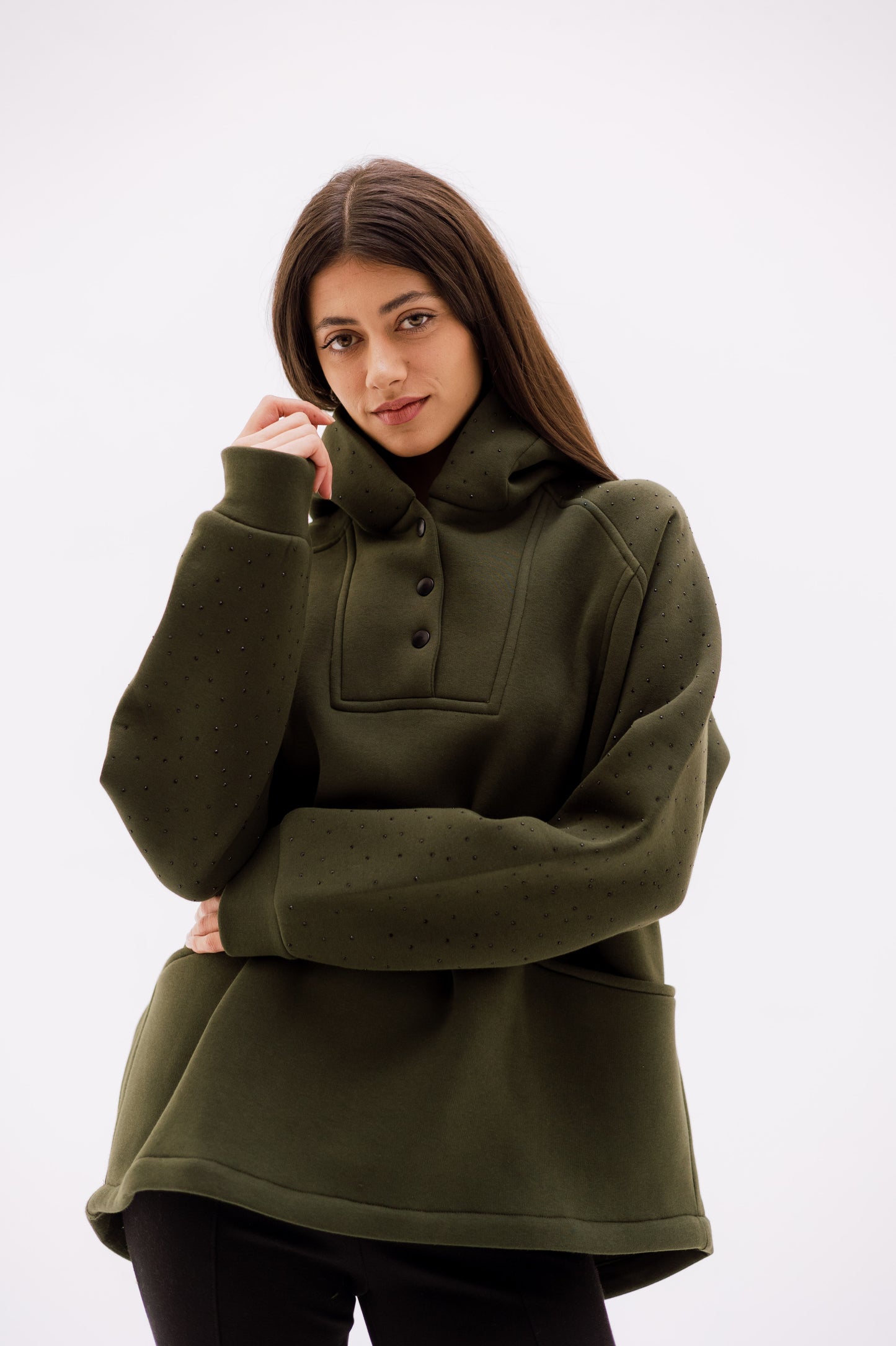 Rhinestone Whisper Hoodie - olive