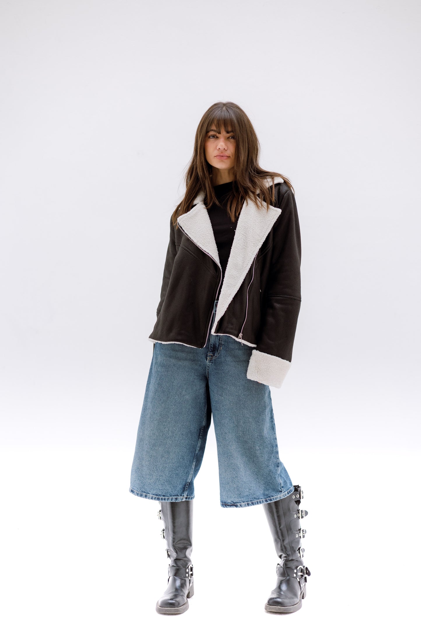 Teddy leather jacket- BLACK