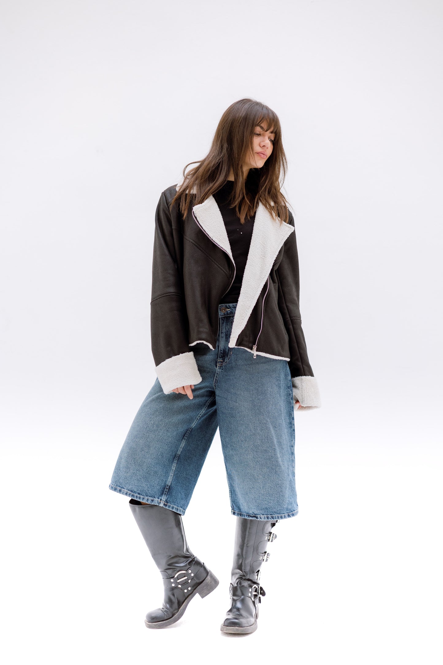 Teddy leather jacket- BLACK