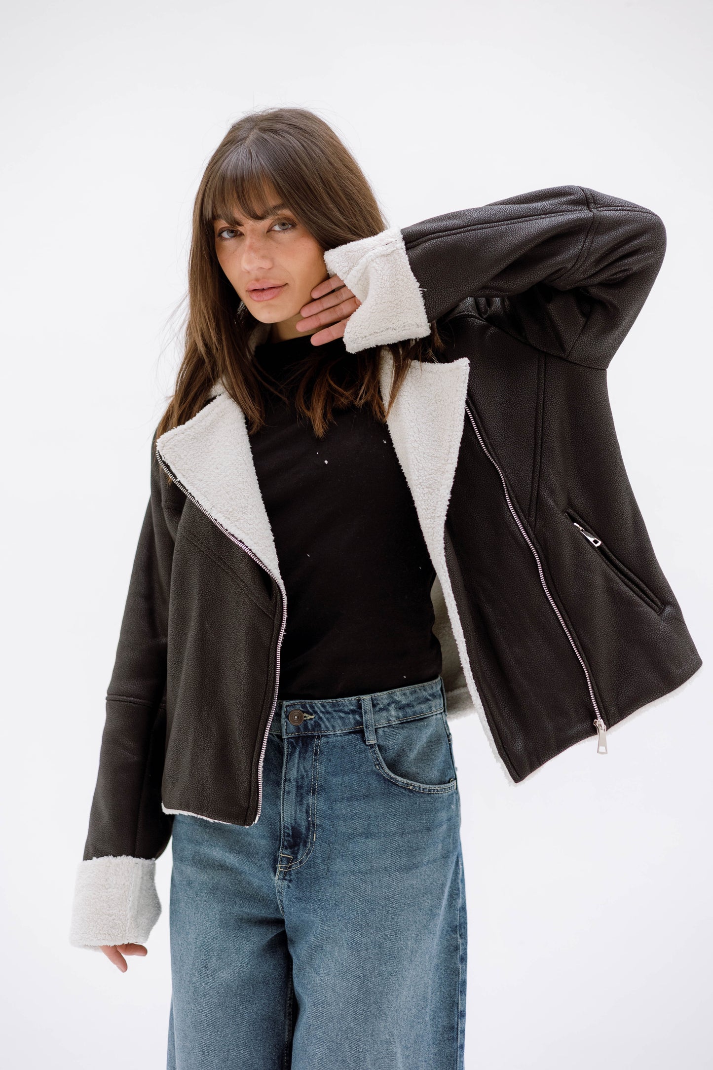 Teddy leather jacket- BLACK