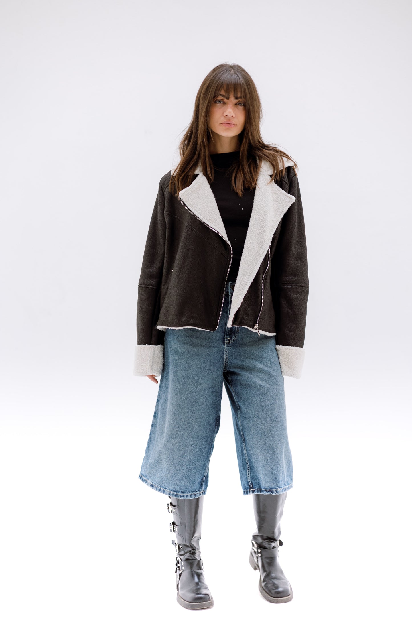 Teddy leather jacket- BLACK