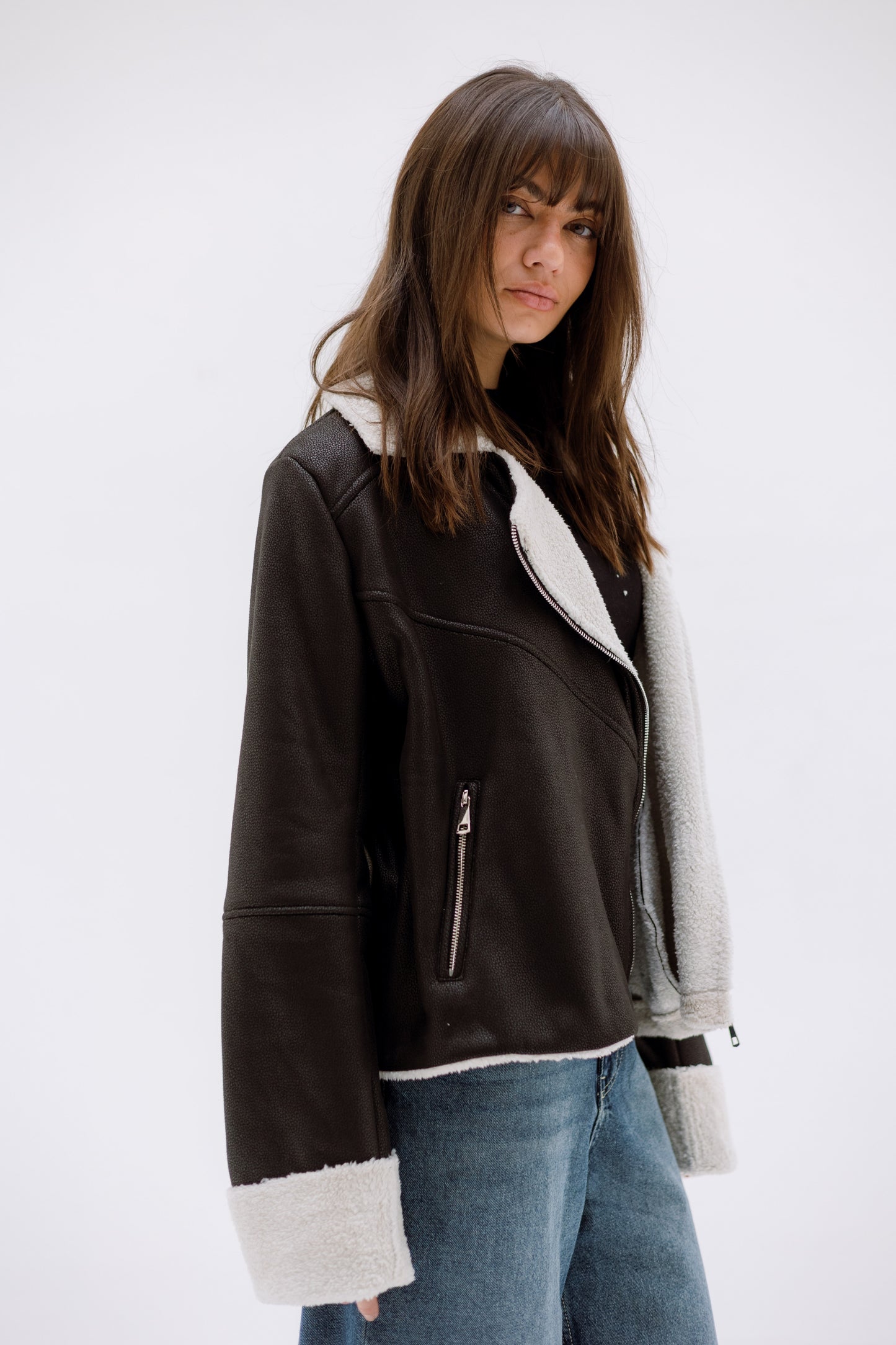 Teddy leather jacket- BLACK