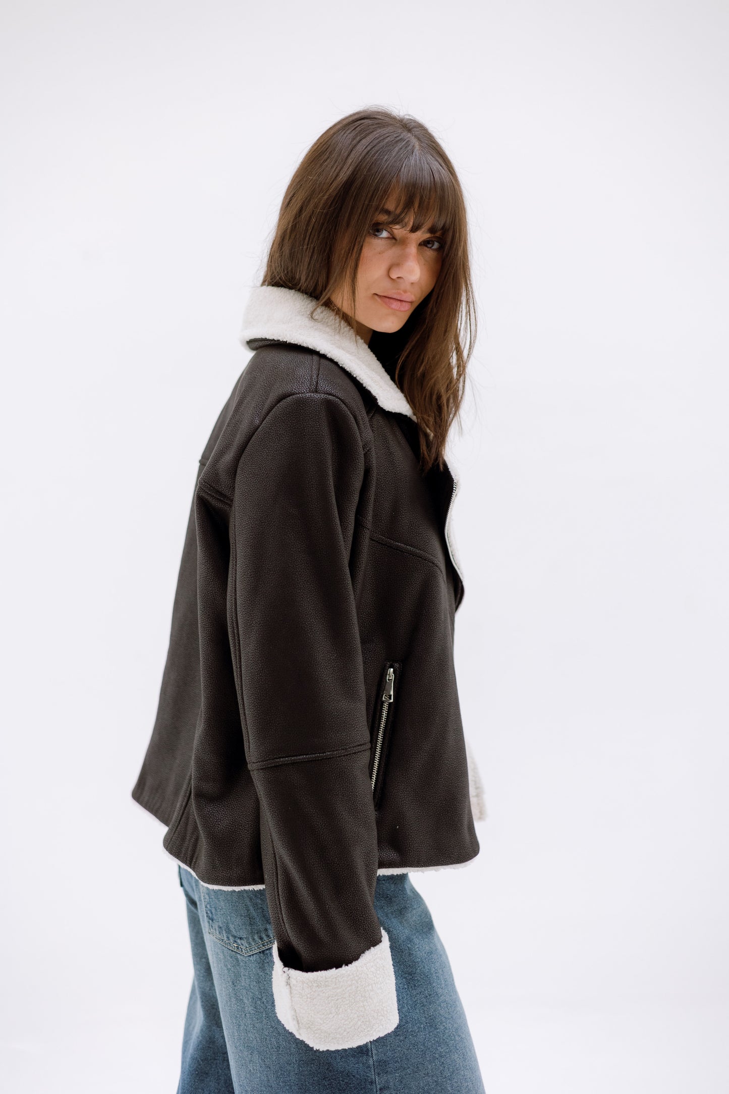 Teddy leather jacket- BLACK