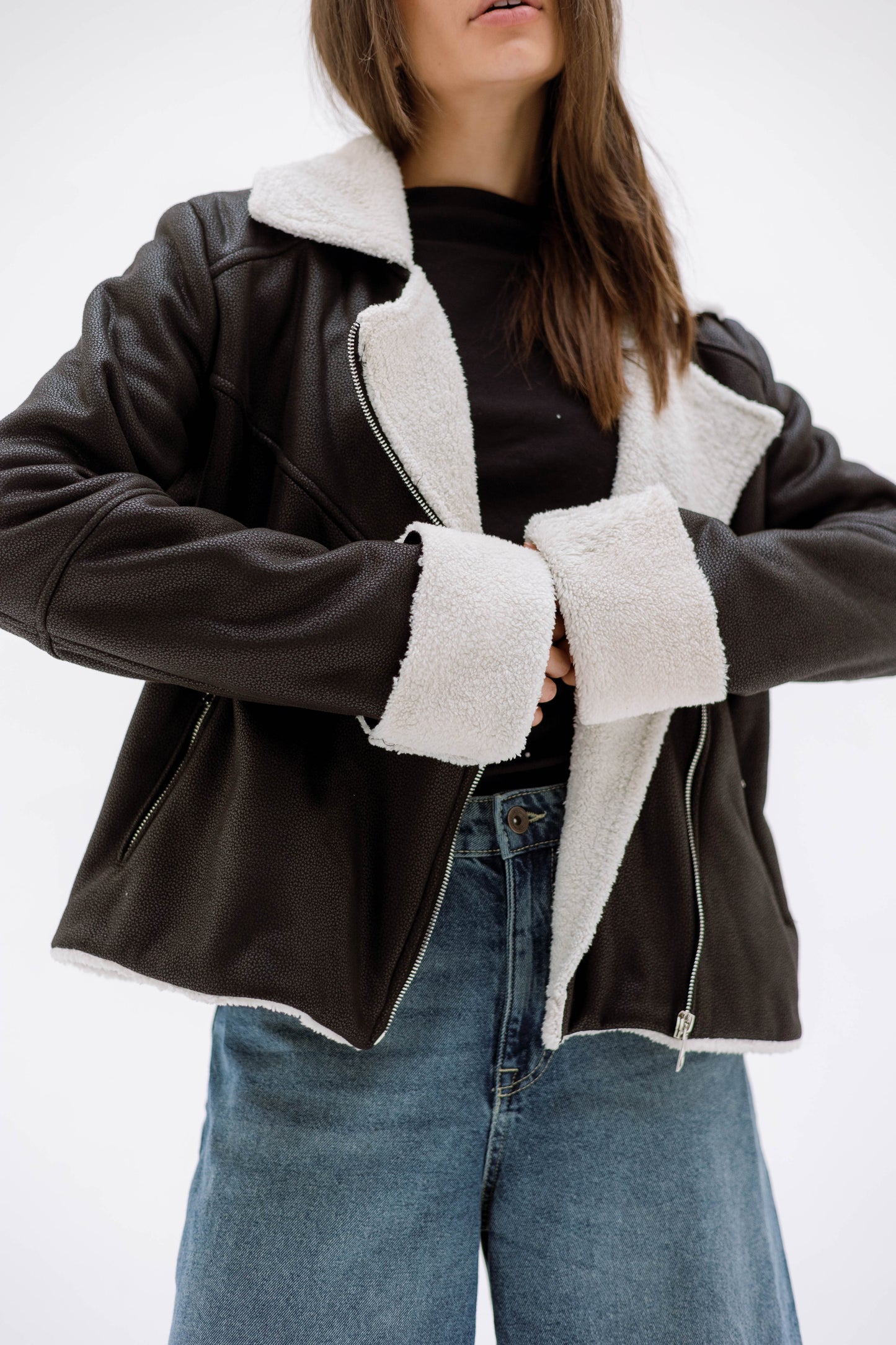 Teddy leather jacket- BLACK