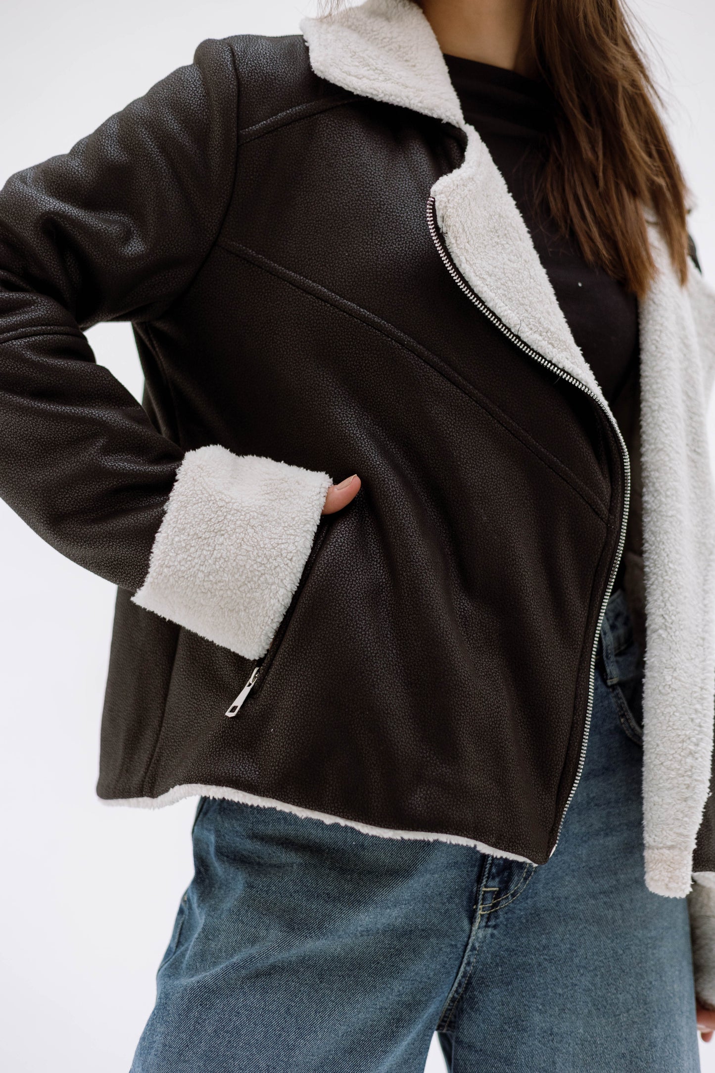 Teddy leather jacket- BLACK