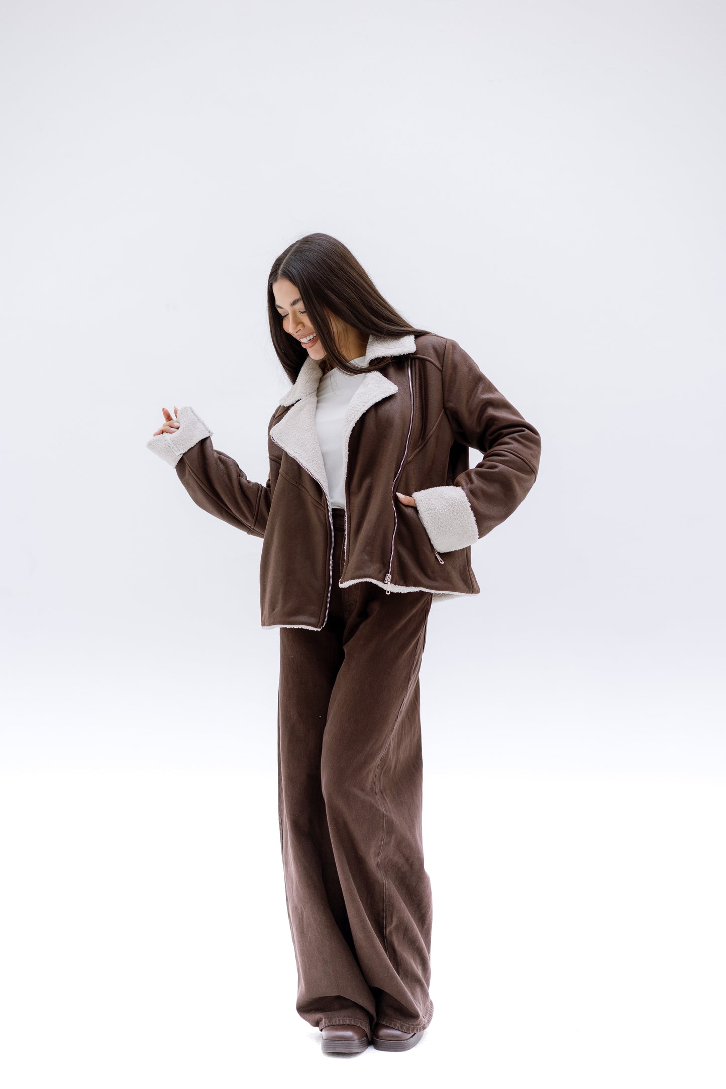 Teddy leather jacket - BROWN