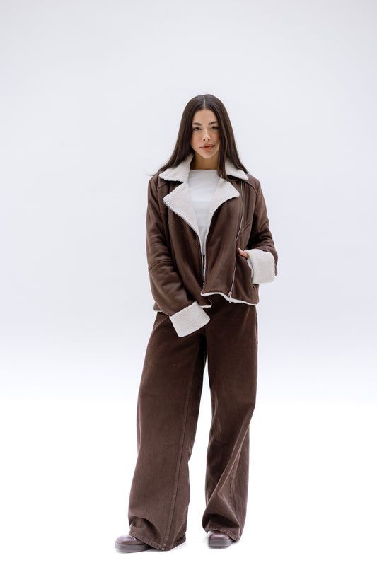 Teddy leather jacket - BROWN