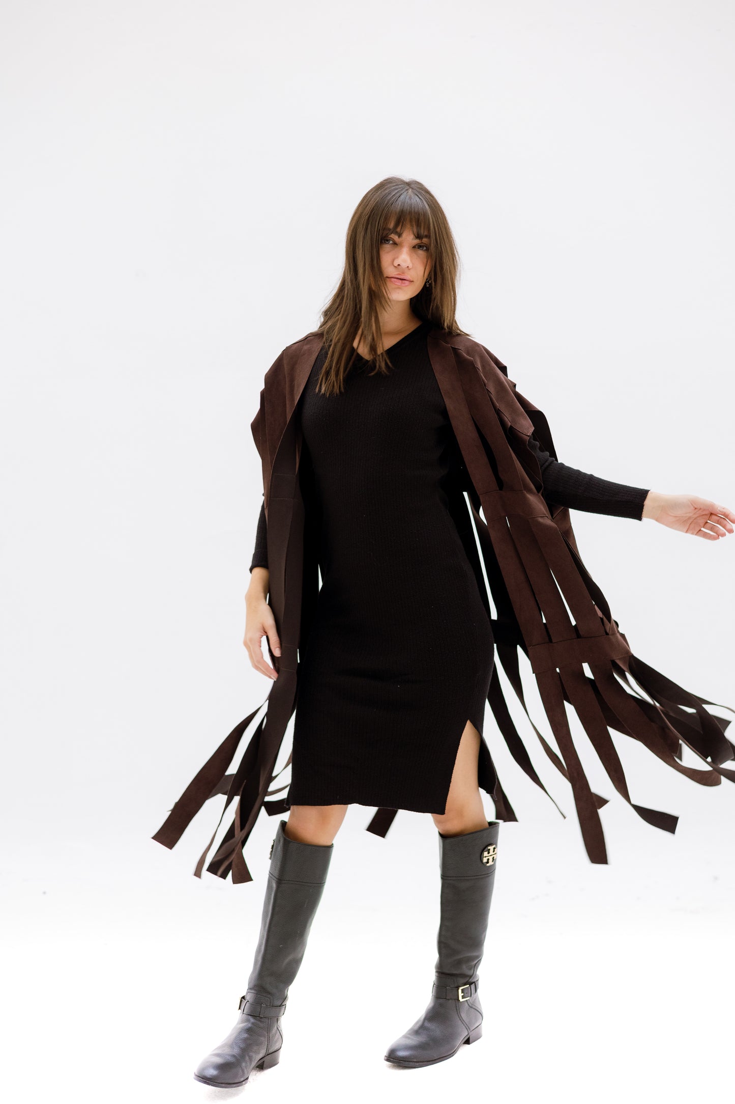 Cut out fringes cardigan - BROWN