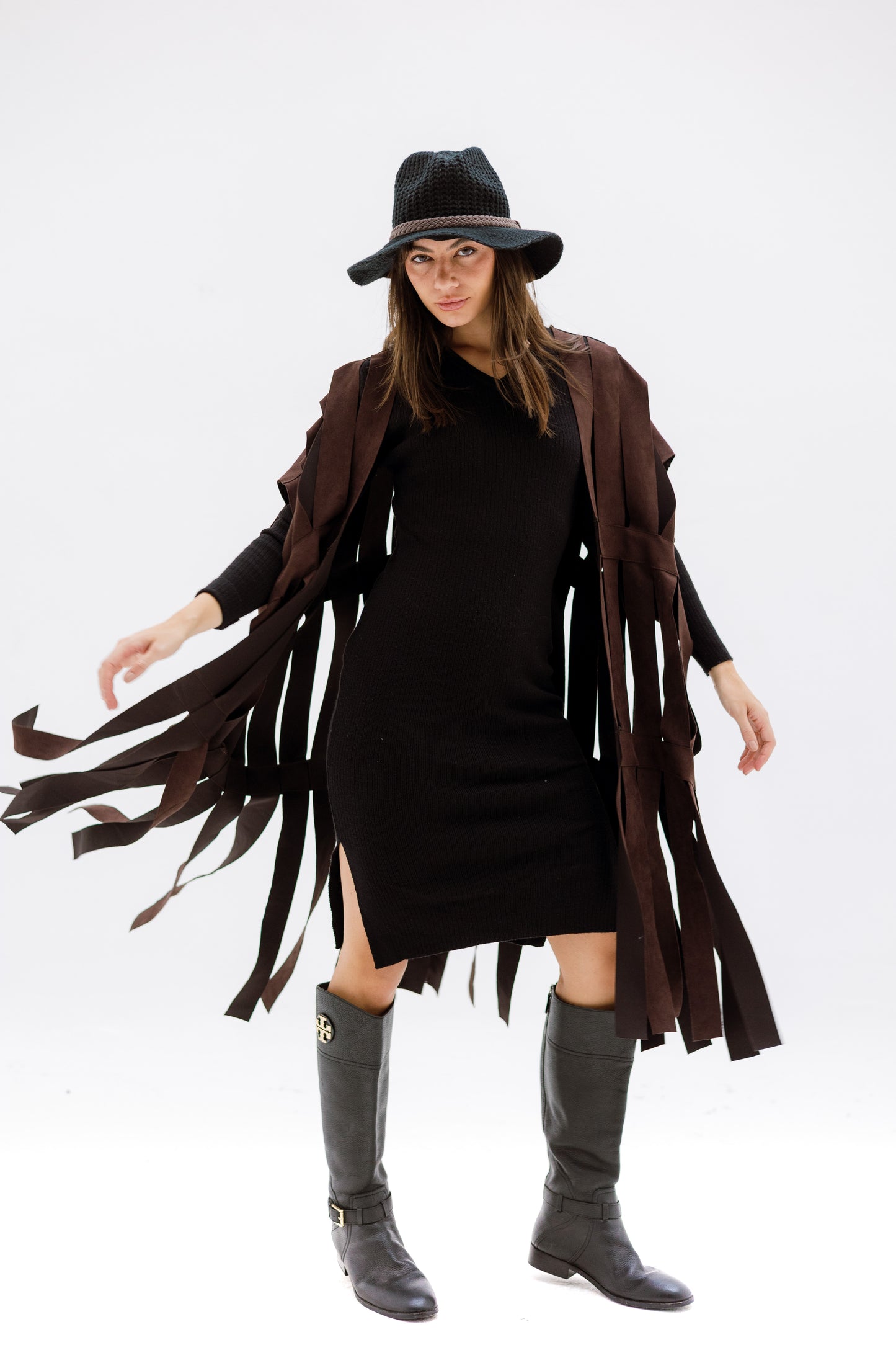 Cut out fringes cardigan - BROWN