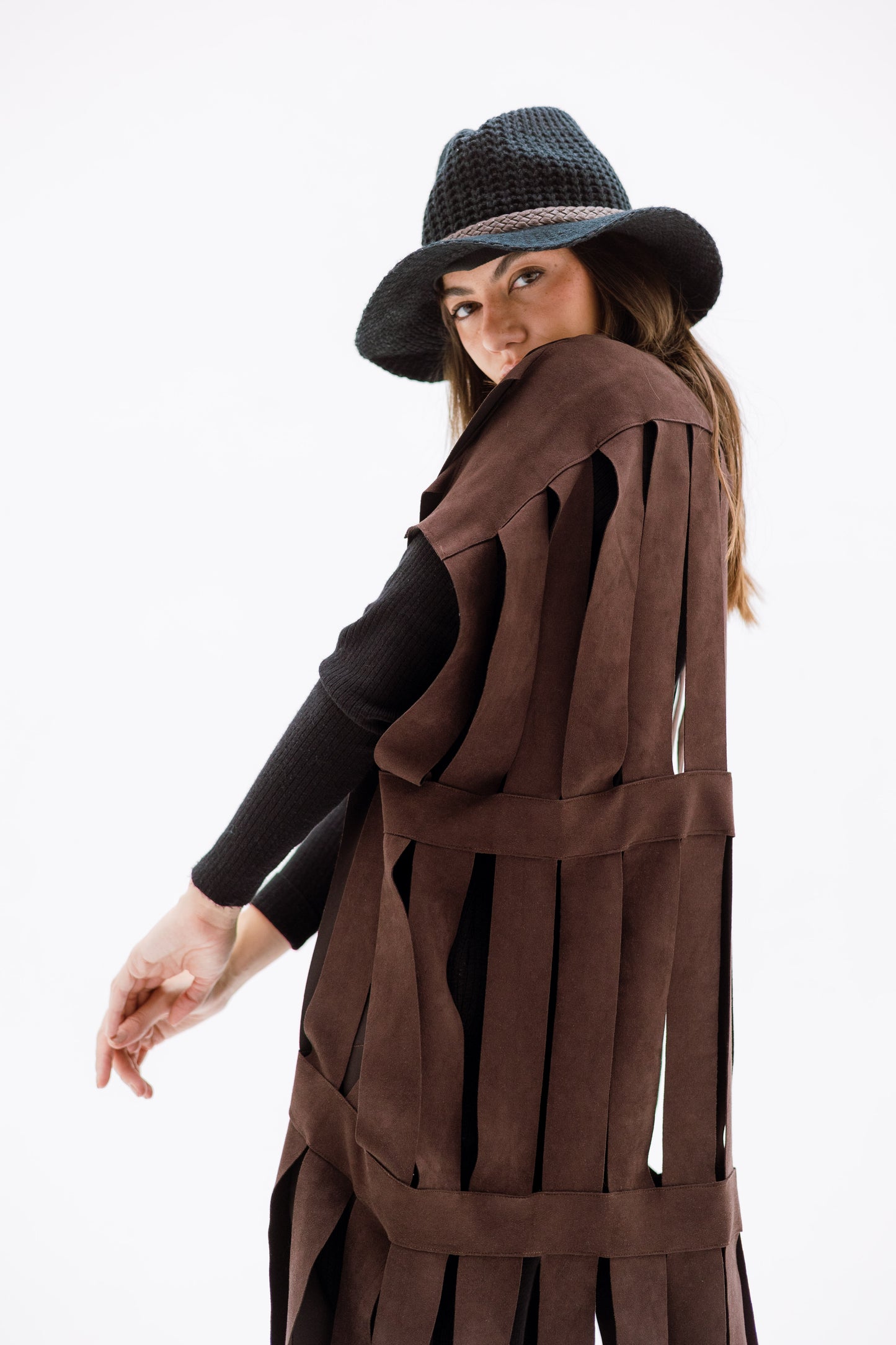 Cut out fringes cardigan - BROWN