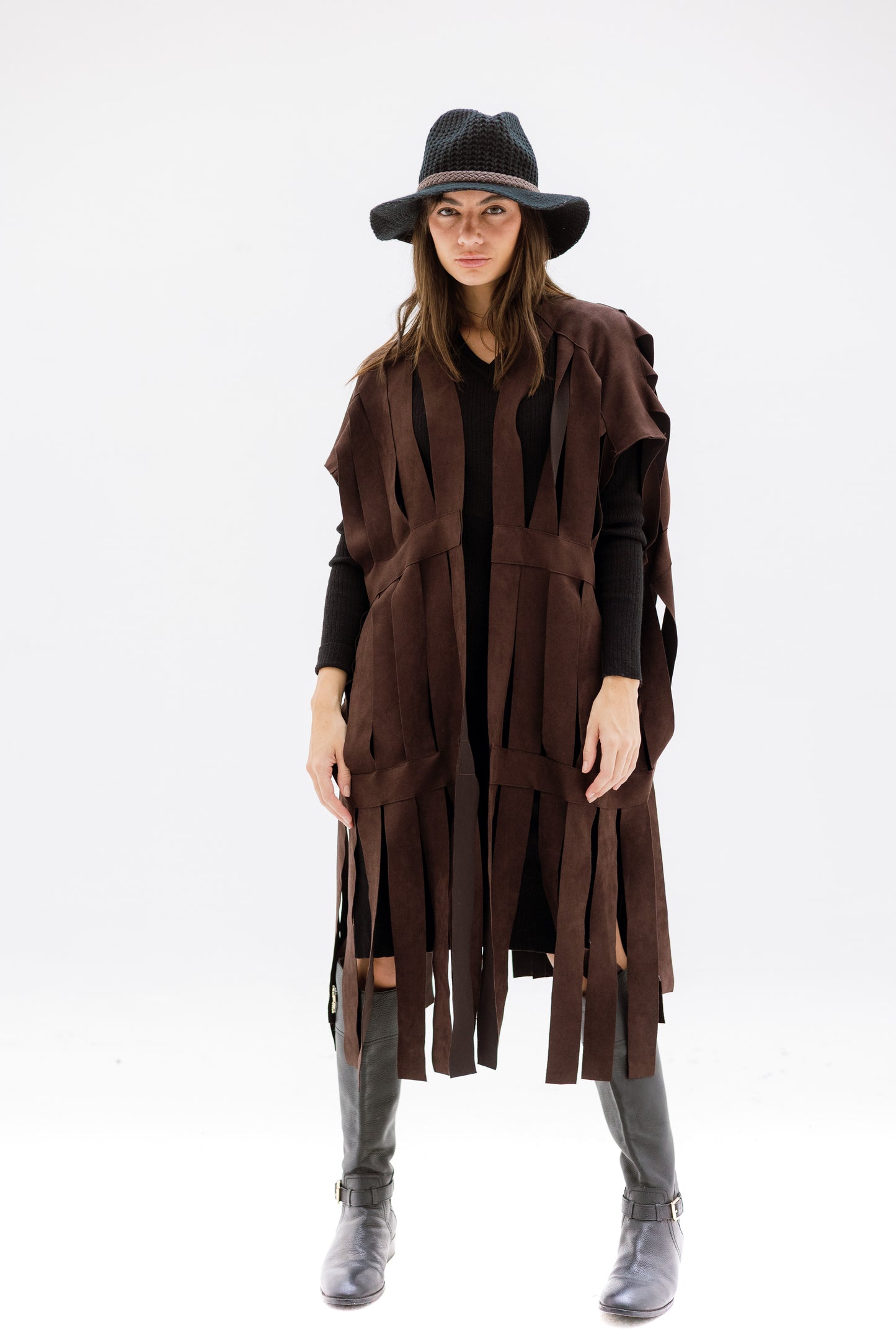 Cut out fringes cardigan - BROWN