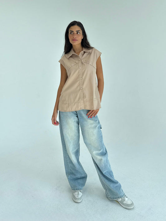 Beige Sleeveless solid Shirt